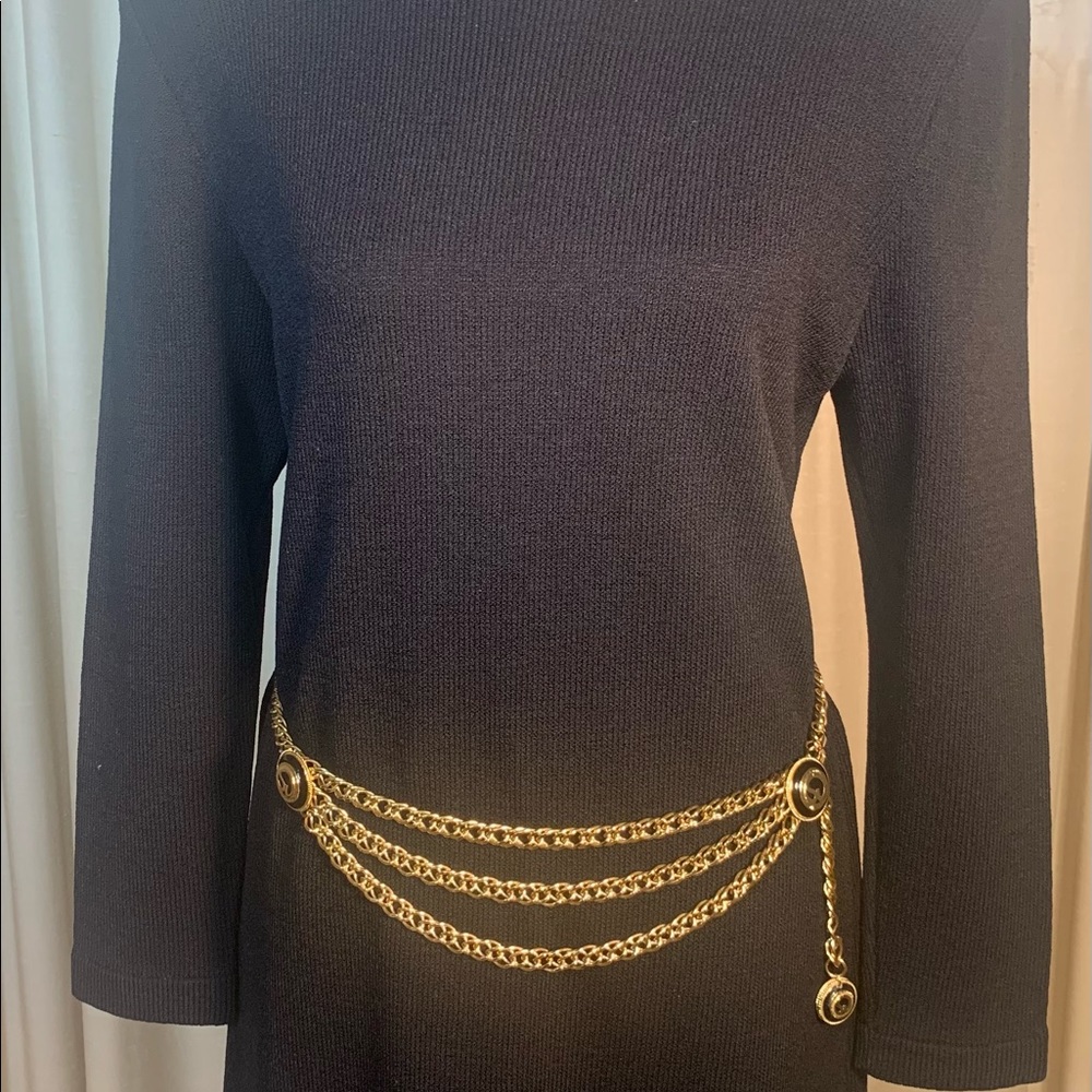St. John evening long sleeve dress with gold tone triple chain belt